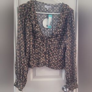 Lost And Wander Olive Floral Tie-Front Long Sleeve Top